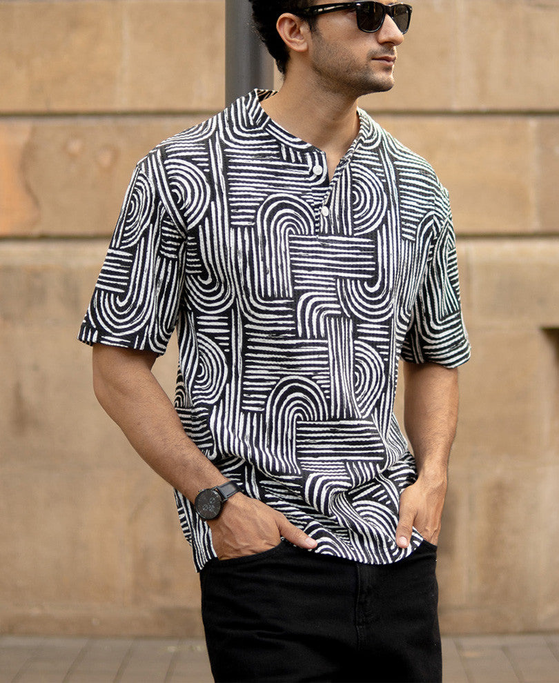 White And Black Printed Henley Oversized T-Shirt