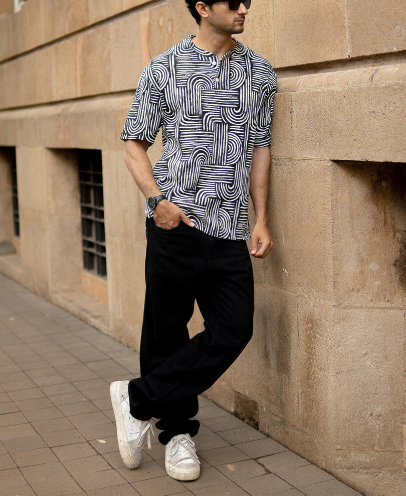 White And Black Printed Henley Oversized T-Shirt