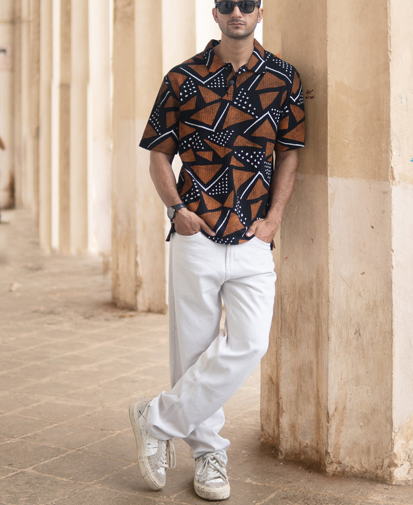 Black Geometric Print Polo T-Shirt