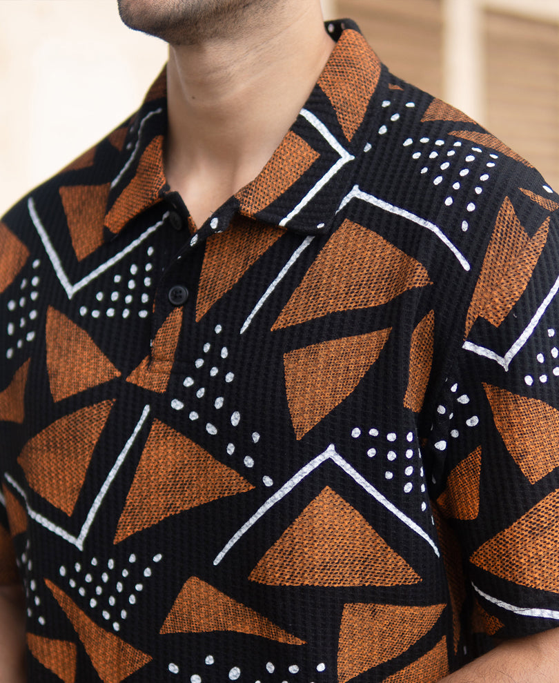 Black Geometric Print Polo T-Shirt