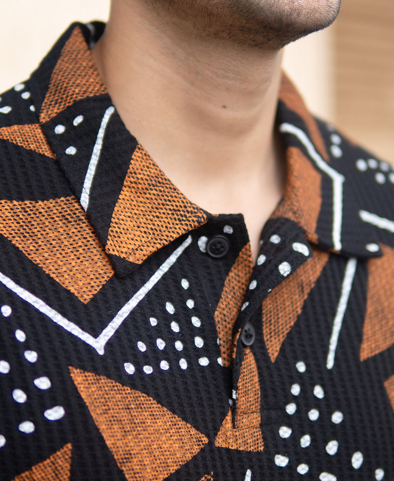 Black Geometric Print Polo T-Shirt