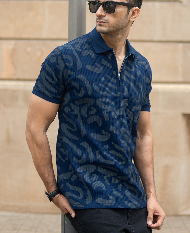 Navy Abstract Print Polo T-Shirt