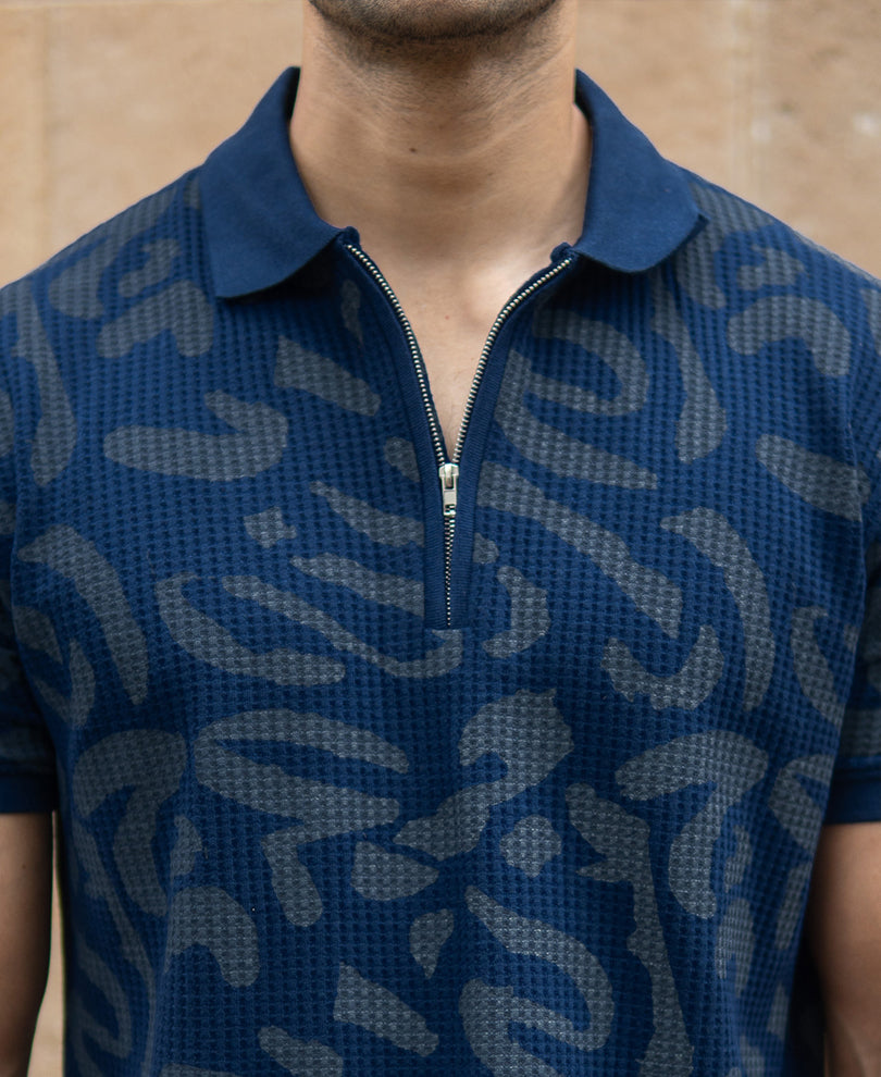 Navy Abstract Print Polo T-Shirt