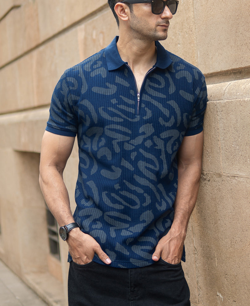 Navy Abstract Print Polo T-Shirt
