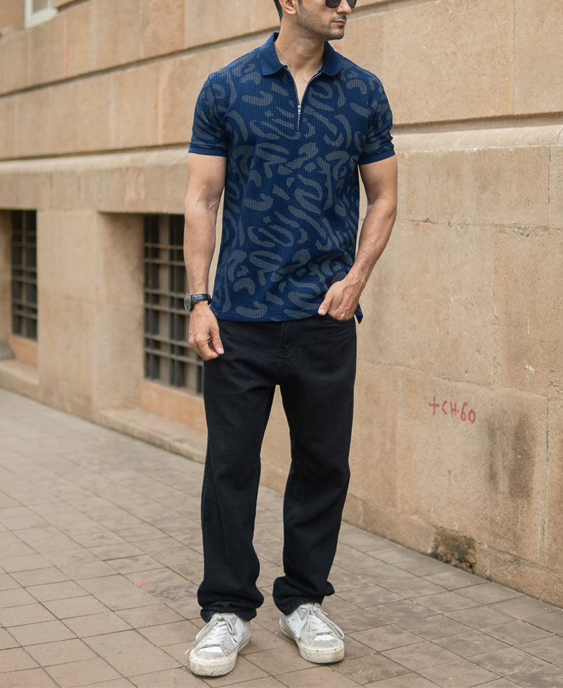 Navy Abstract Print Polo T-Shirt