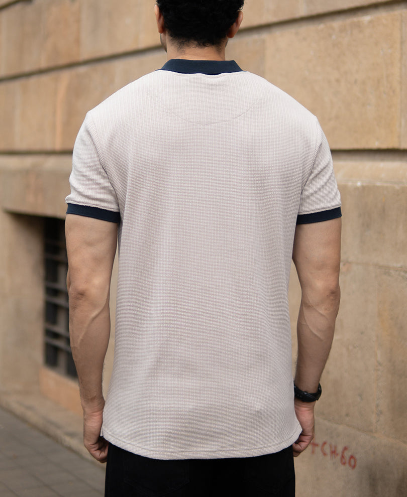 Beige Contrast Collar Zipper T-Shirt