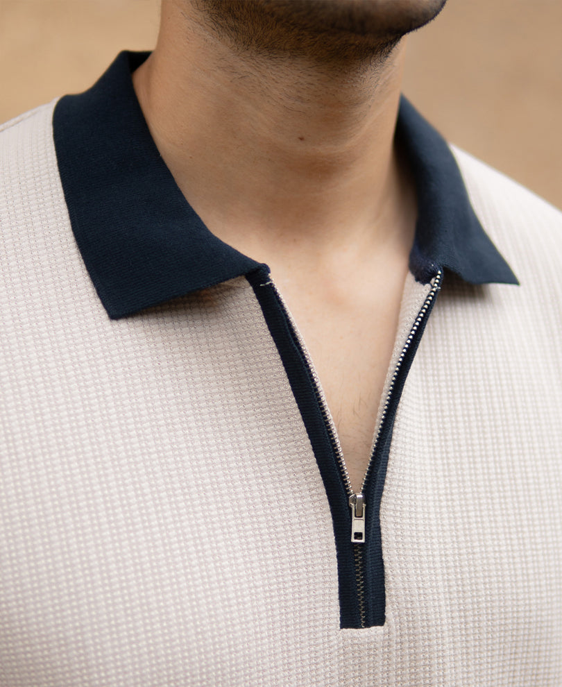 Beige Contrast Collar Zipper T-Shirt