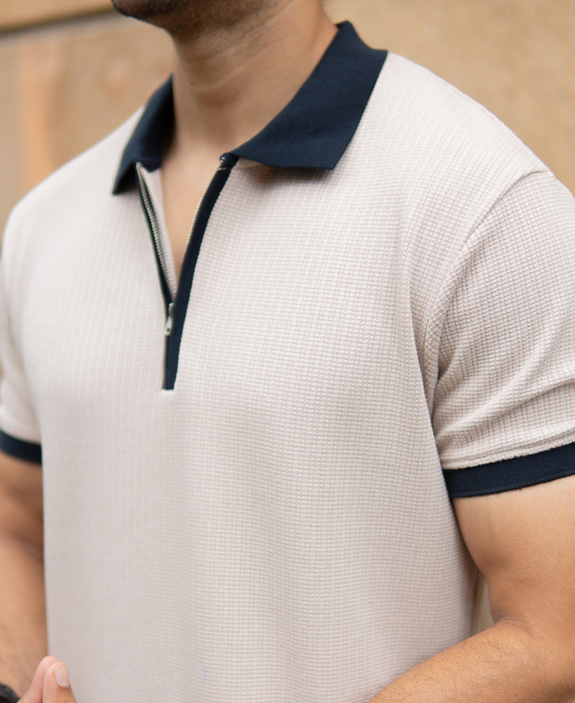 Beige Contrast Collar Zipper T-Shirt
