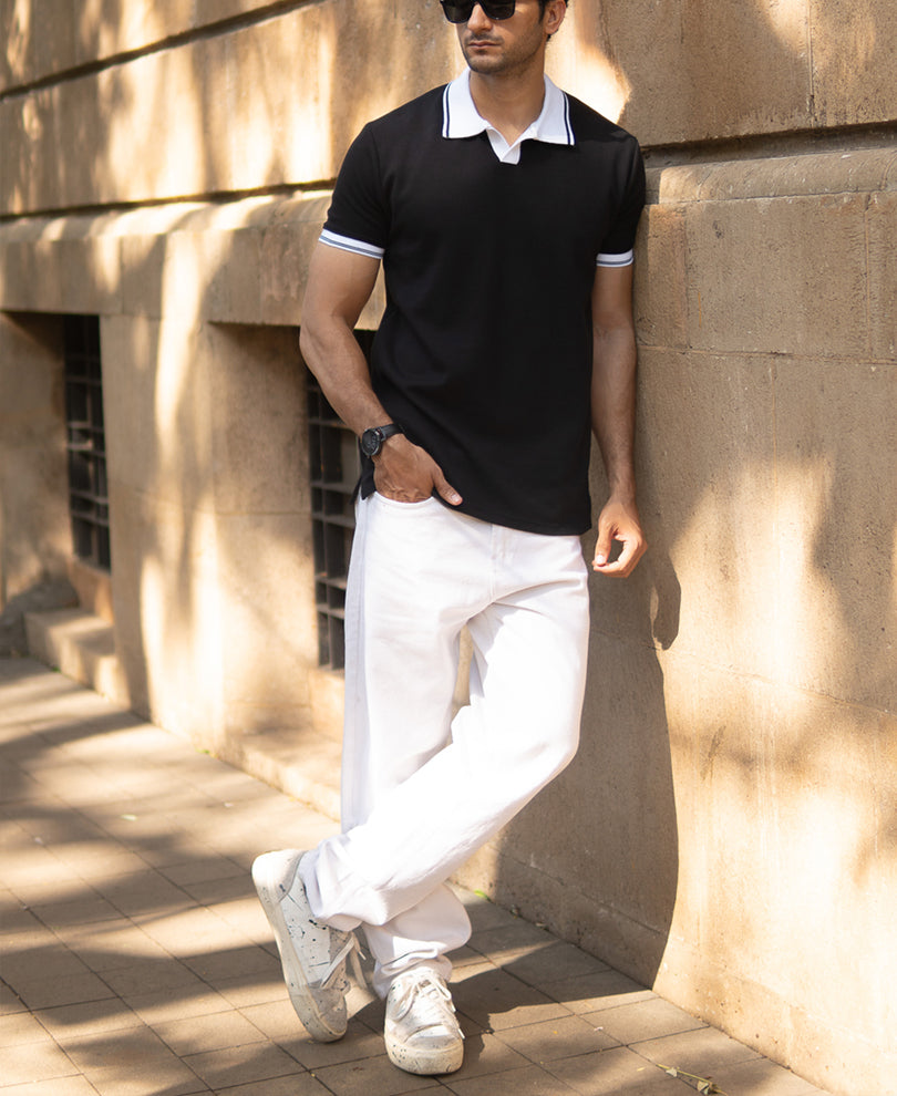 Black Contrast Collar T-Shirt