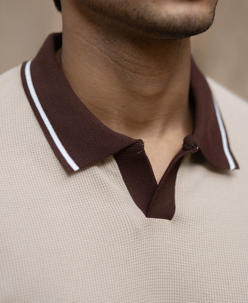 Beige Contrast Collar T-Shirt
