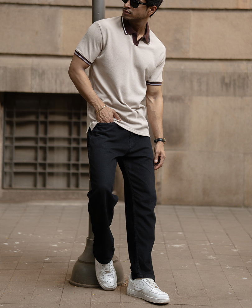 Beige Contrast Collar T-Shirt