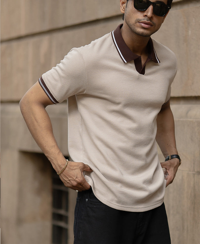 Beige Contrast Collar T-Shirt
