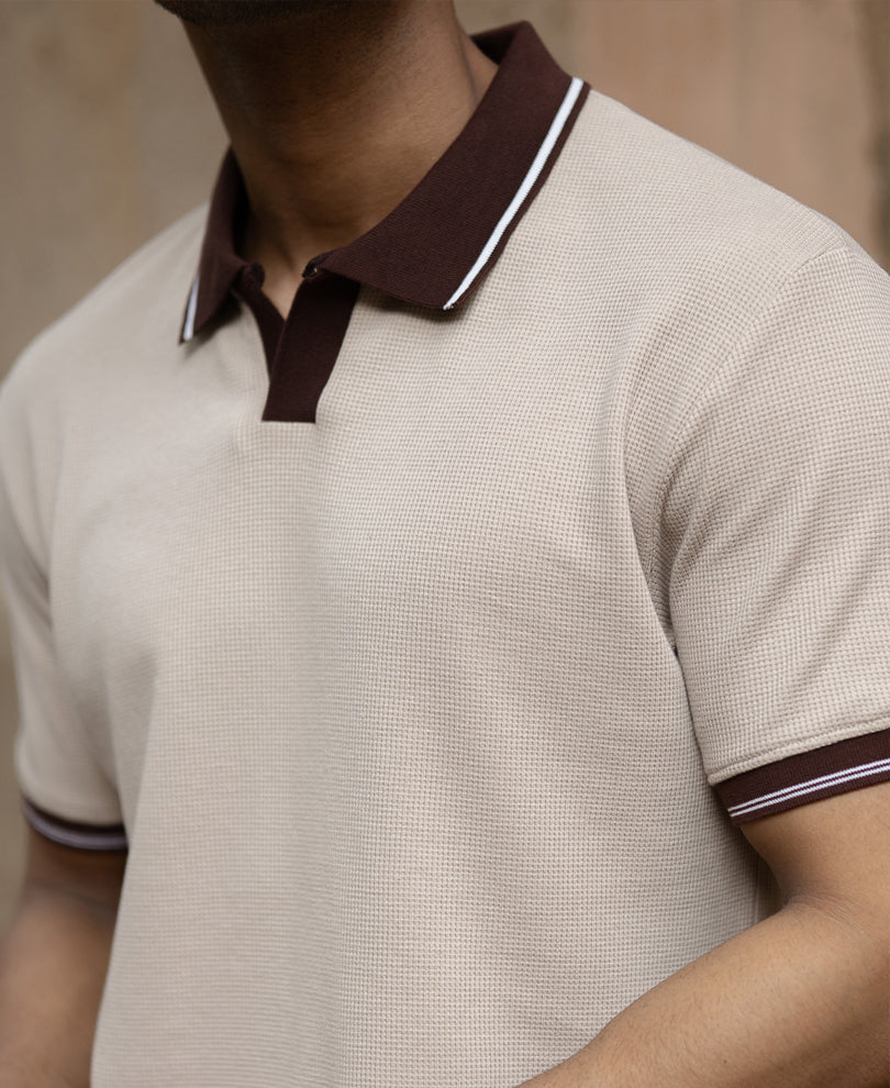 Beige Contrast Collar T-Shirt