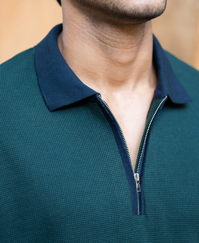 Bottle Green Contrast Collar T-Shirt