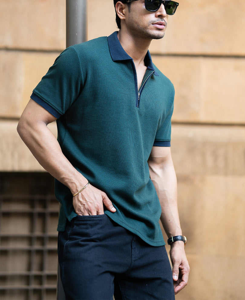 Bottle Green Contrast Collar T-Shirt