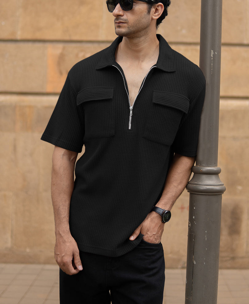 Black Zipper Polo With Pockets