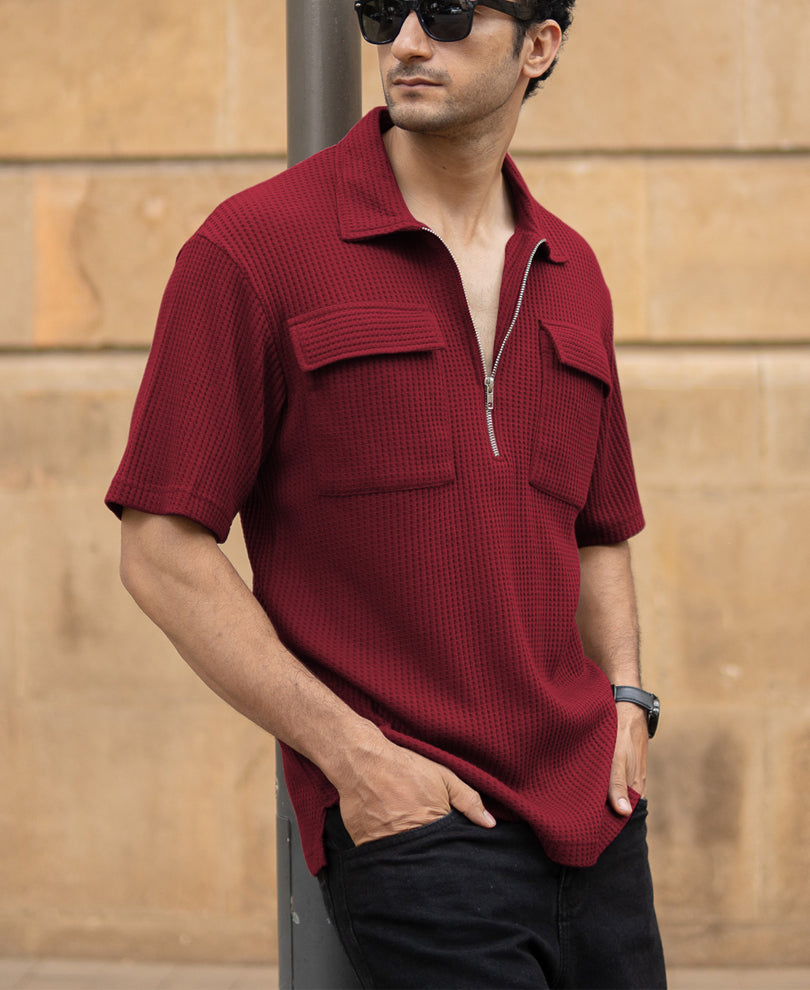 Maroon Zipper Polo With Pockets