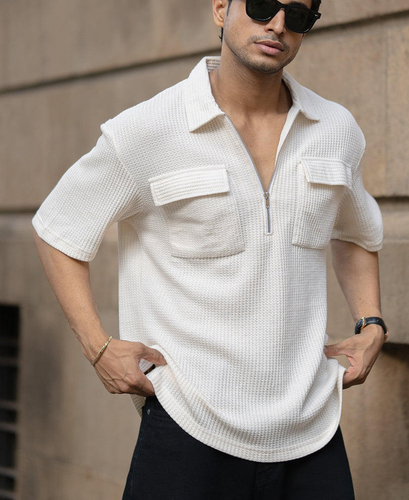 White Zipper Polo With Pockets
