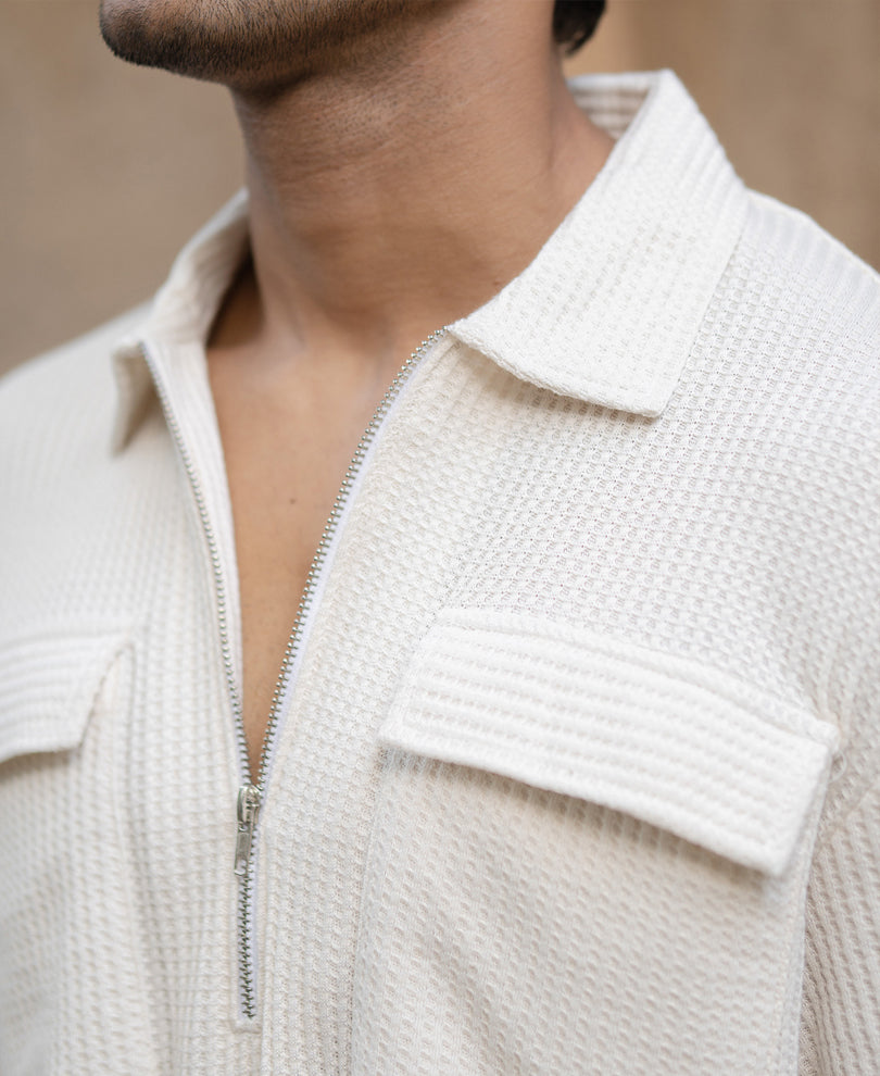 White Zipper Polo With Pockets