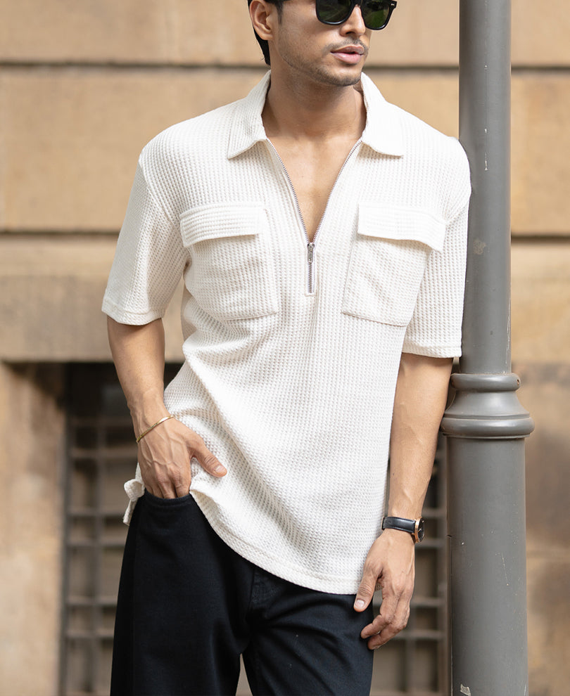 White Zipper Polo With Pockets