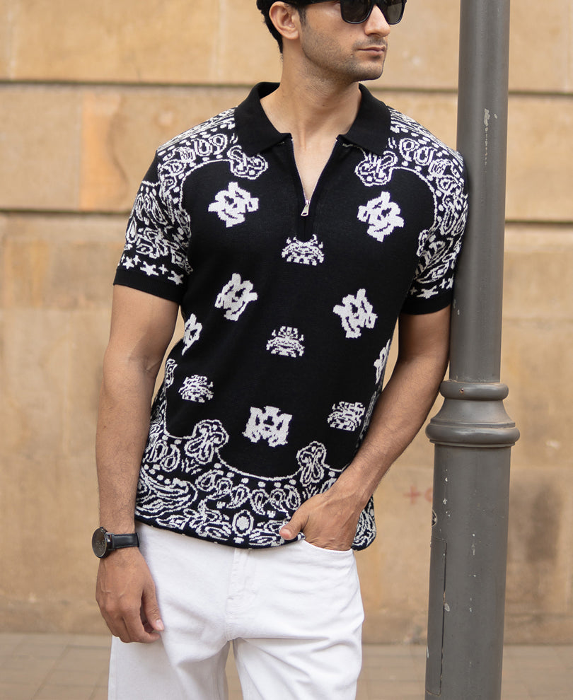Black Bandana Knit Polo T-Shirt