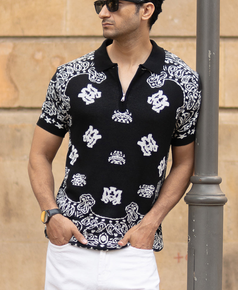 Black Bandana Knit Polo T-Shirt