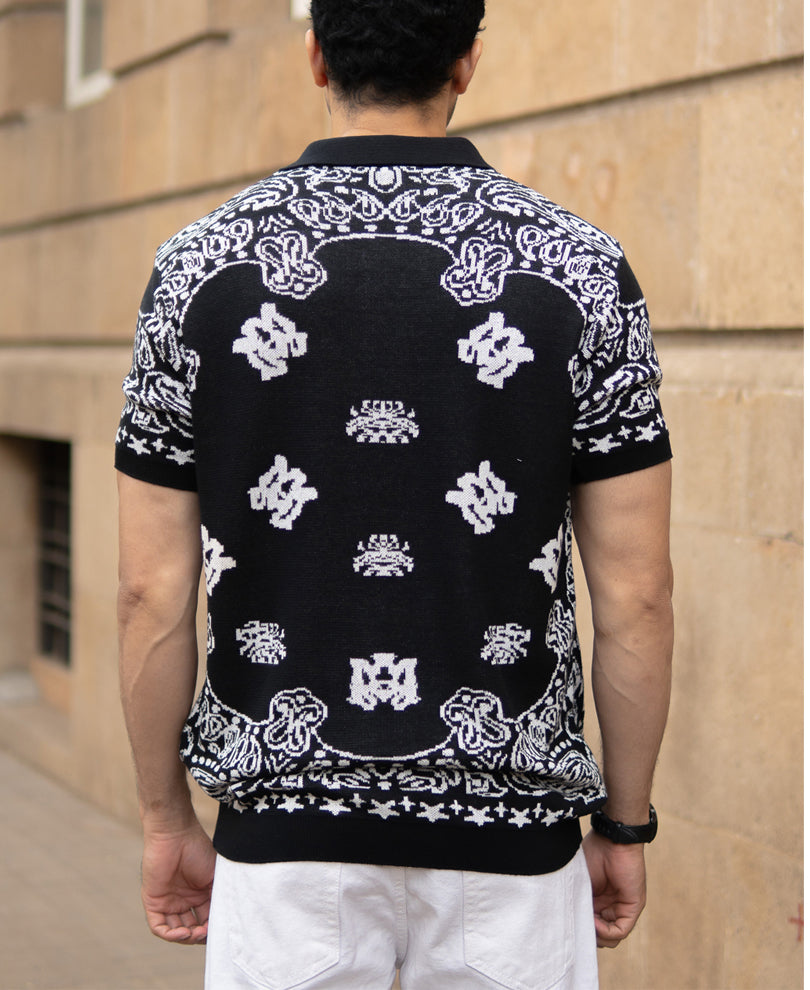Black Bandana Knit Polo T-Shirt