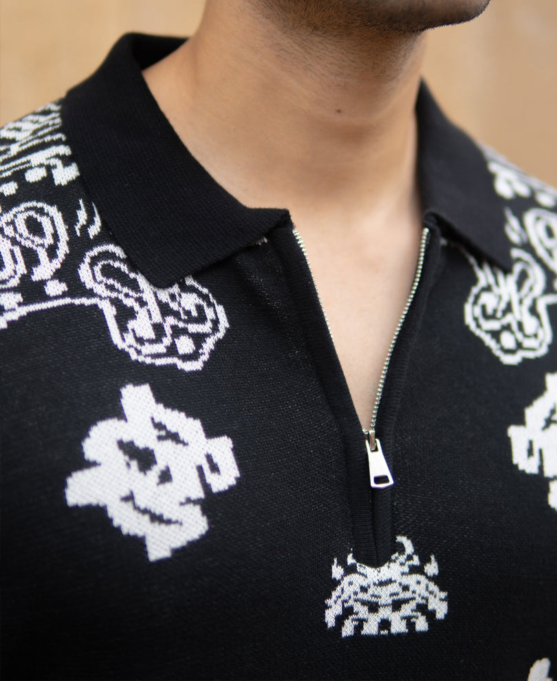 Black Bandana Knit Polo T-Shirt
