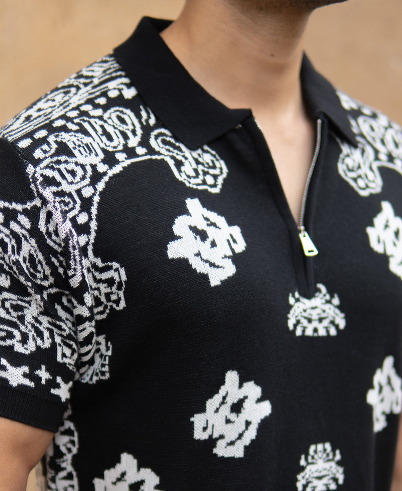 Black Bandana Knit Polo T-Shirt