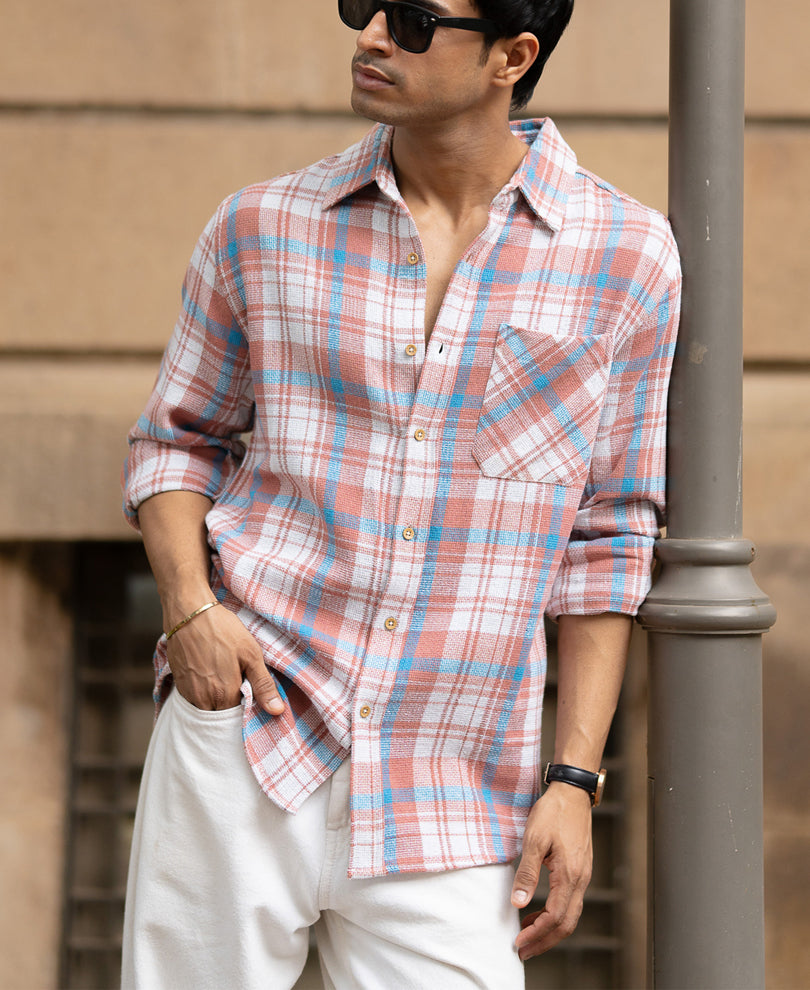 Dark Peach Structured Checks Shirt