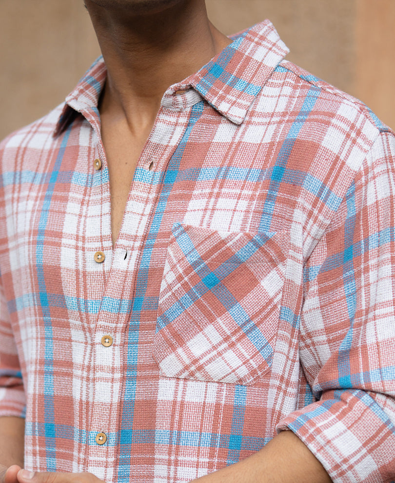 Dark Peach Structured Checks Shirt