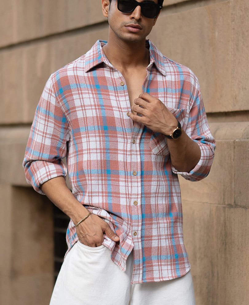 Dark Peach Structured Checks Shirt