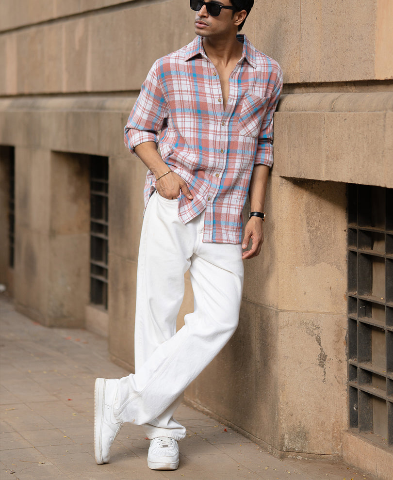 Dark Peach Structured Checks Shirt