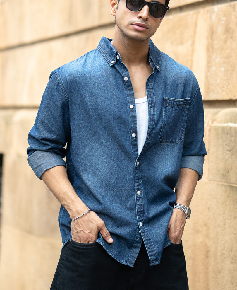 Dark Blue Washed Denim Shirt