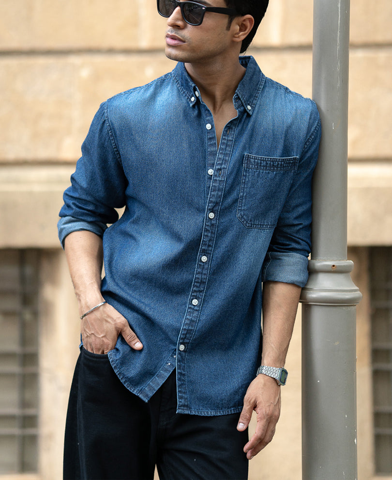 Dark Blue Washed Denim Shirt