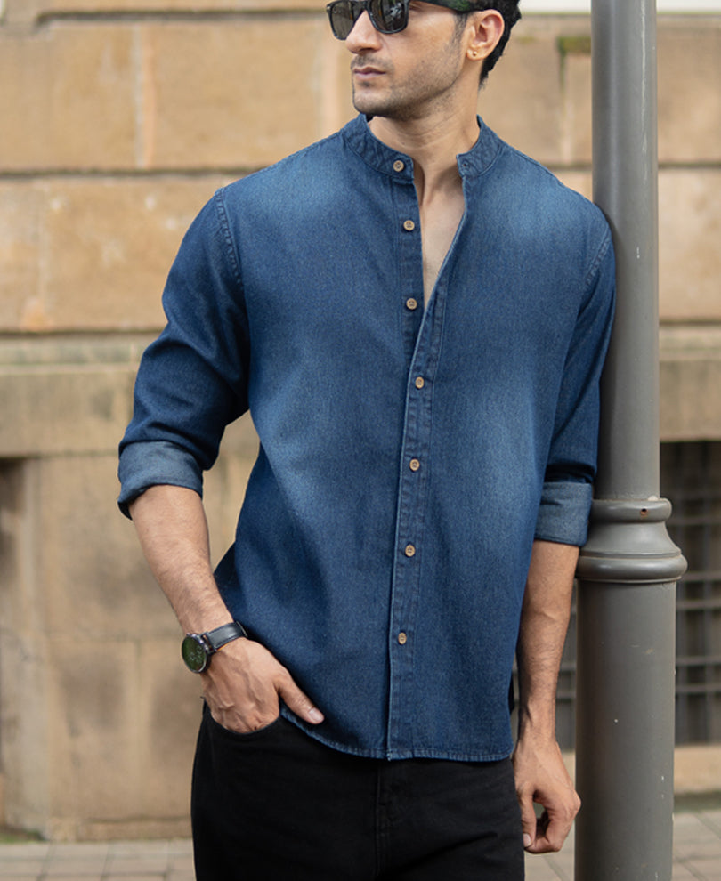 Mandarin Collar Denim Shirt