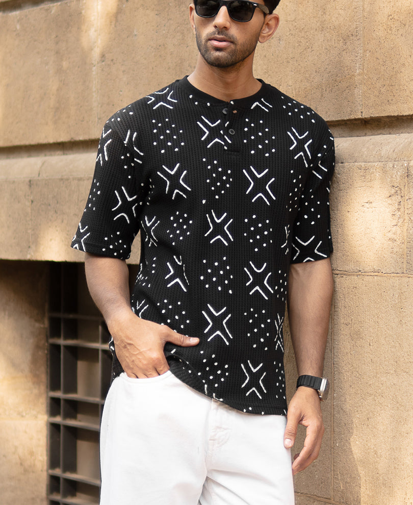 Black Structured Printed Henley T-Shirt