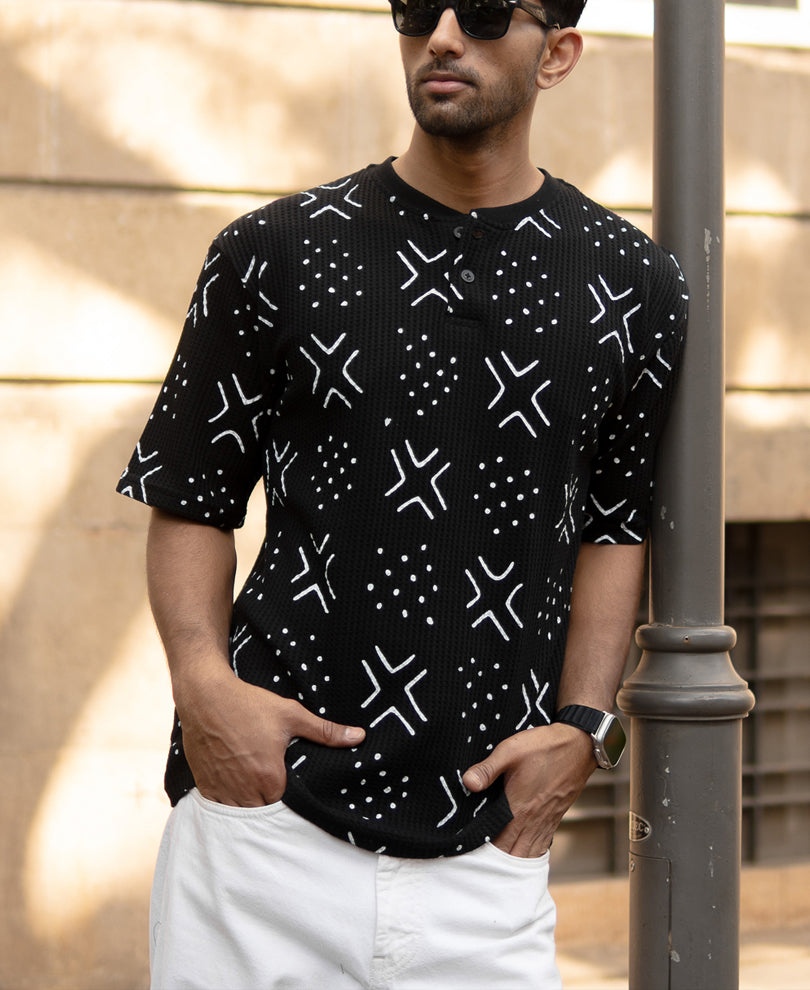 Black Structured Printed Henley T-Shirt