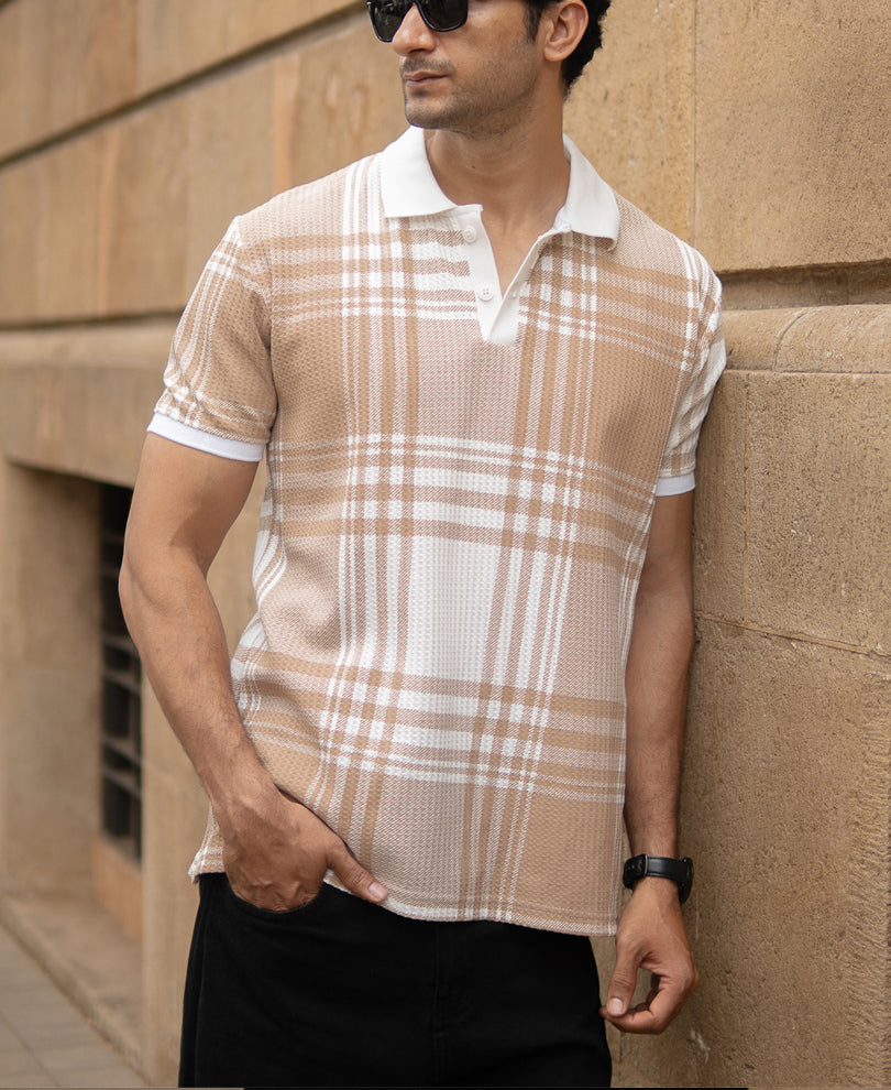 Beige Printed Checks T-Shirt