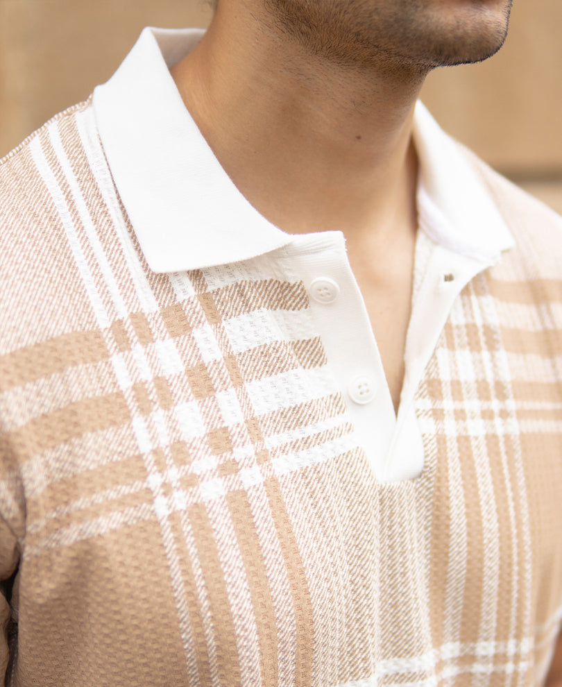 Beige Printed Checks T-Shirt