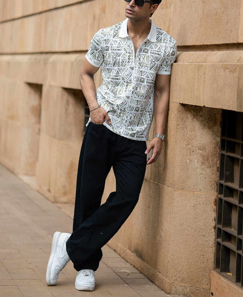 White Printed Polo T-Shirt