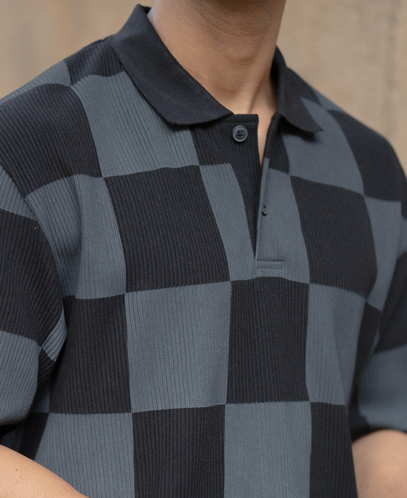 Grey Printed Checks Polo T-Shirt