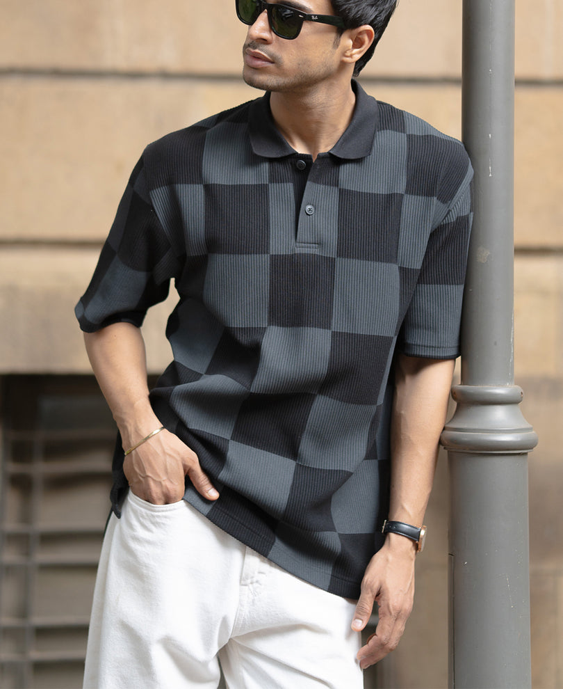 Grey Printed Checks Polo T-Shirt