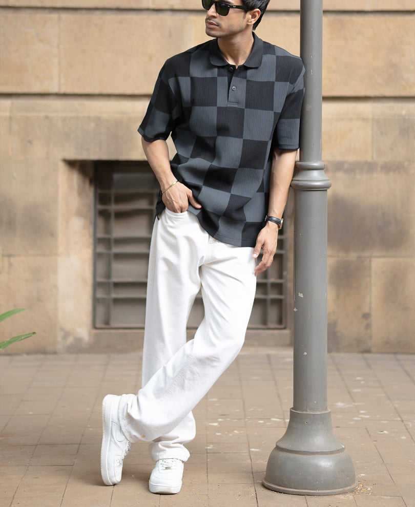 Grey Printed Checks Polo T-Shirt