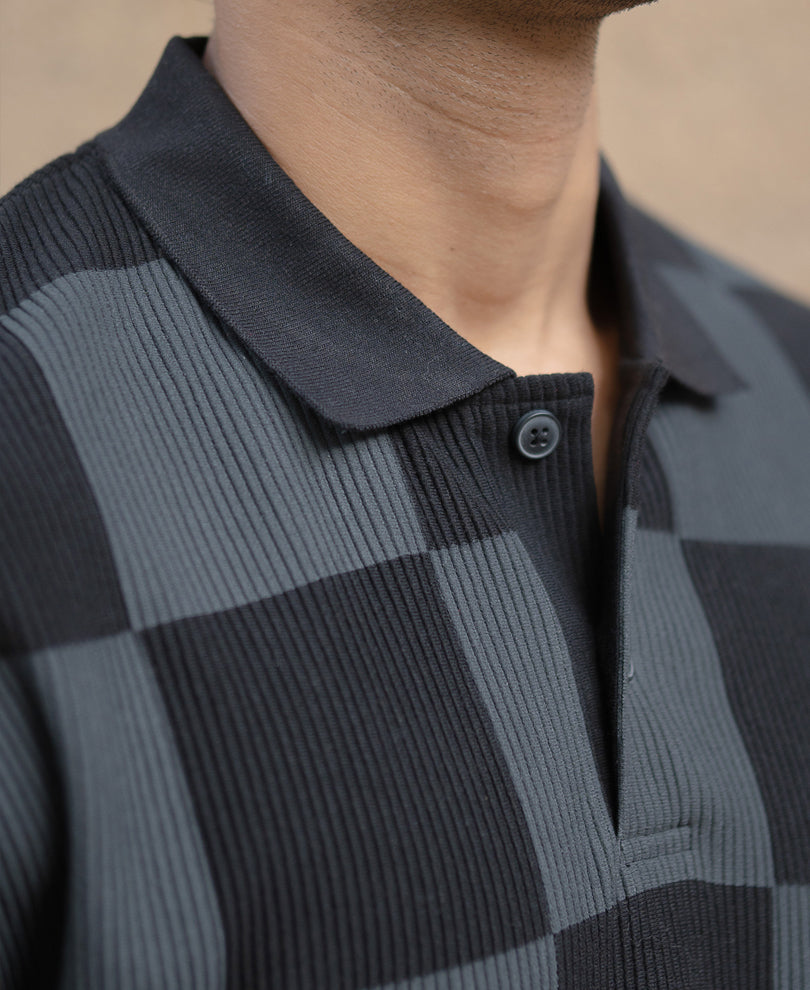 Grey Printed Checks Polo T-Shirt