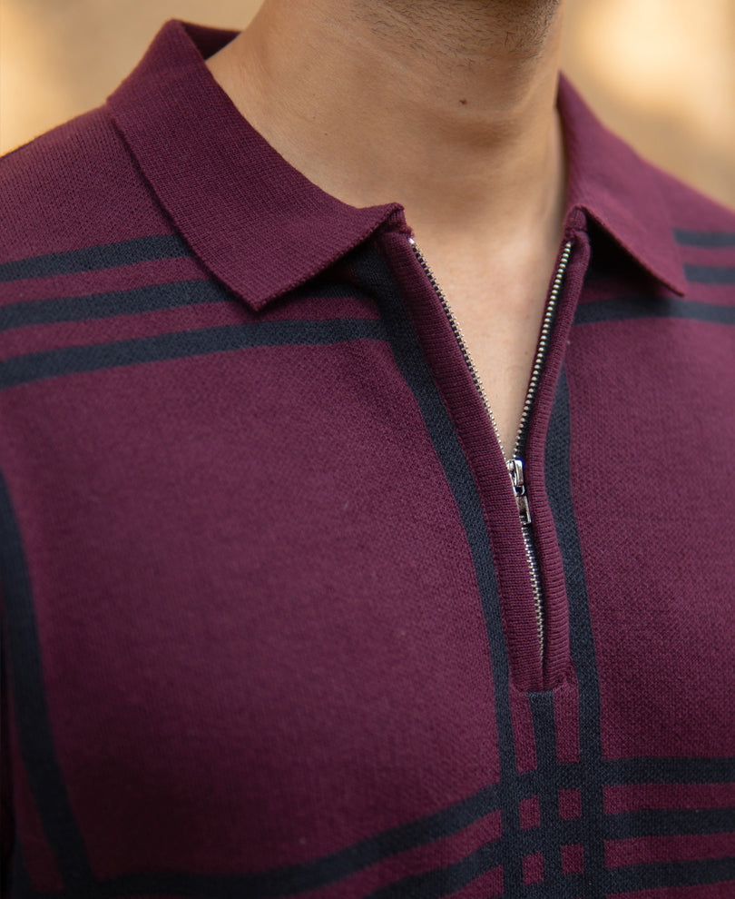 Wine Knitted Checks T-Shirt