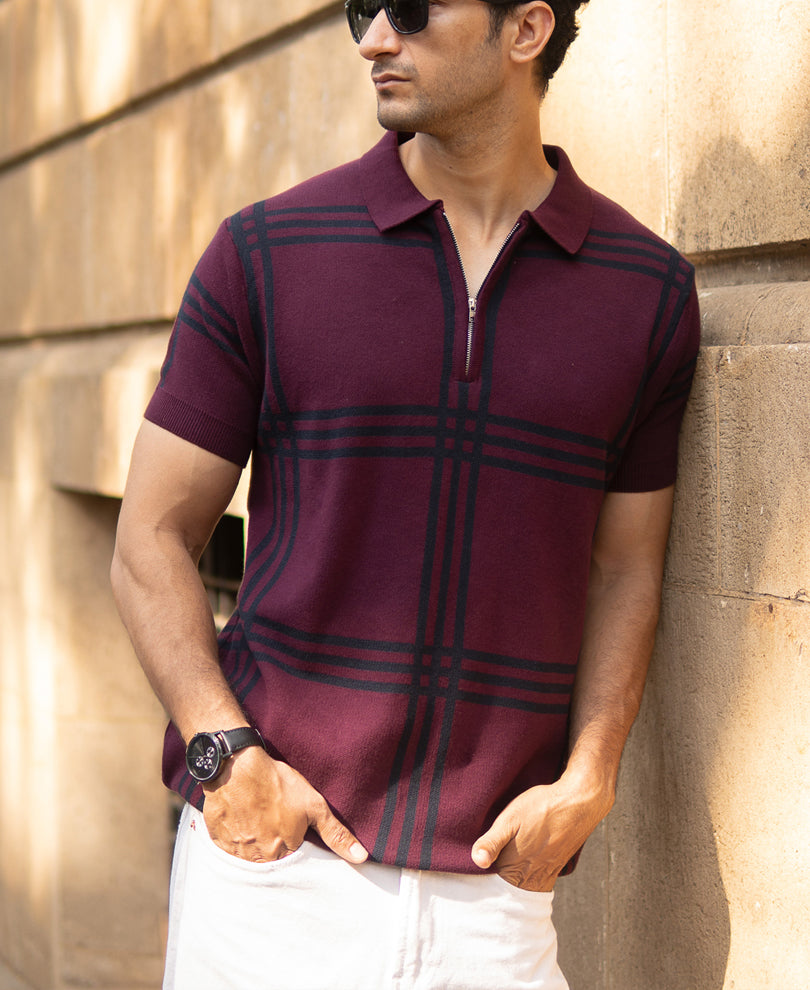 Wine Knitted Checks T-Shirt