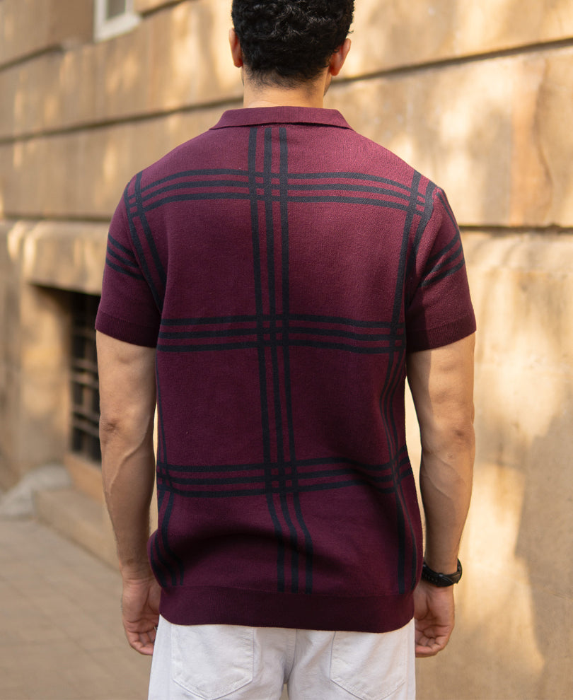 Wine Knitted Checks T-Shirt