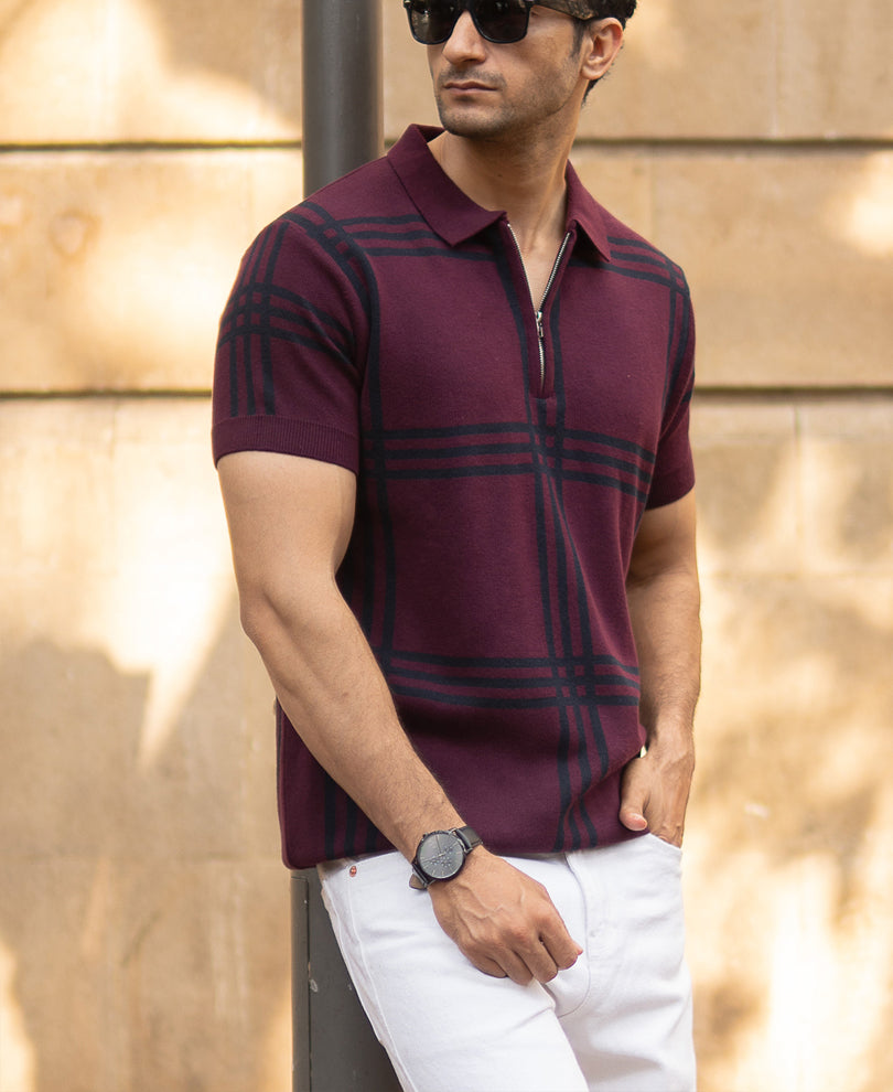 Wine Knitted Checks T-Shirt