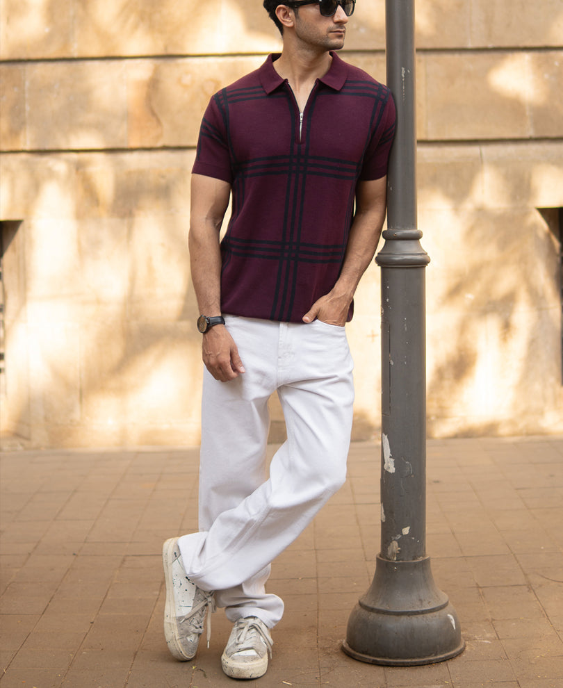 Wine Knitted Checks T-Shirt